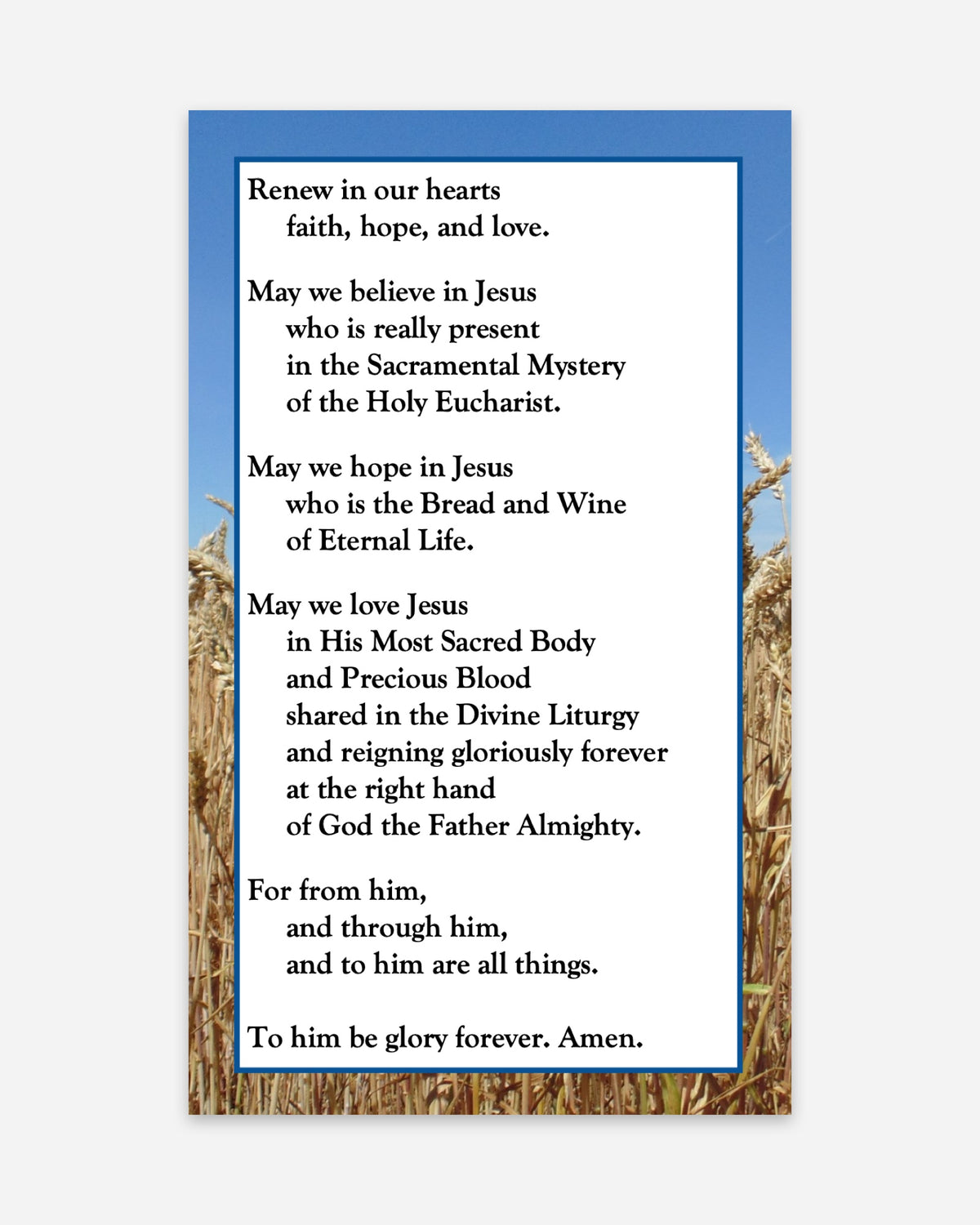 Back of the prayer card: Prayer to the Holy Spirit for Eucharistic Renewal among Disciples of Jesus Christ