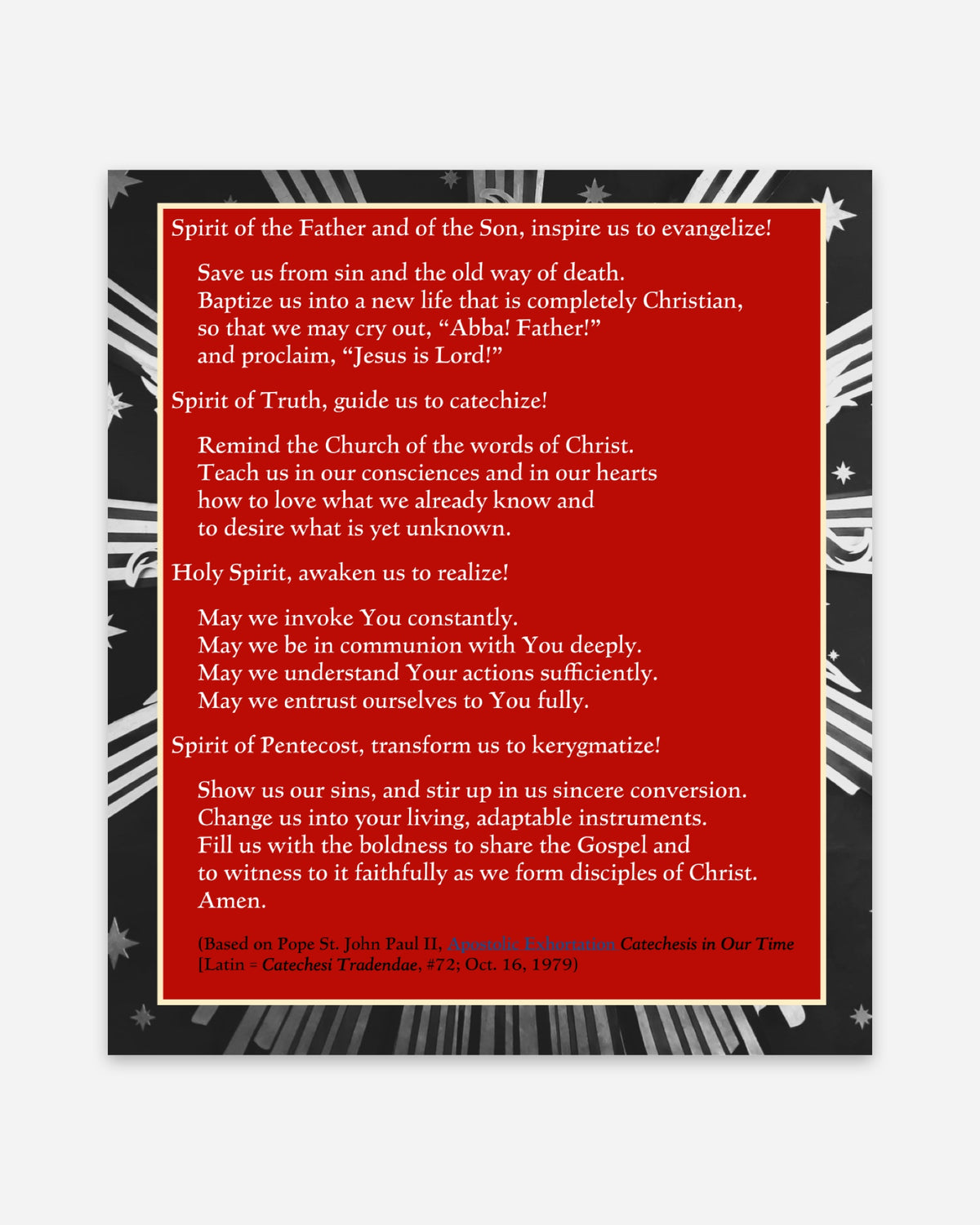 Back of the prayer card: Prayer to the Holy Spirit to become Kerygmatic Catechists
