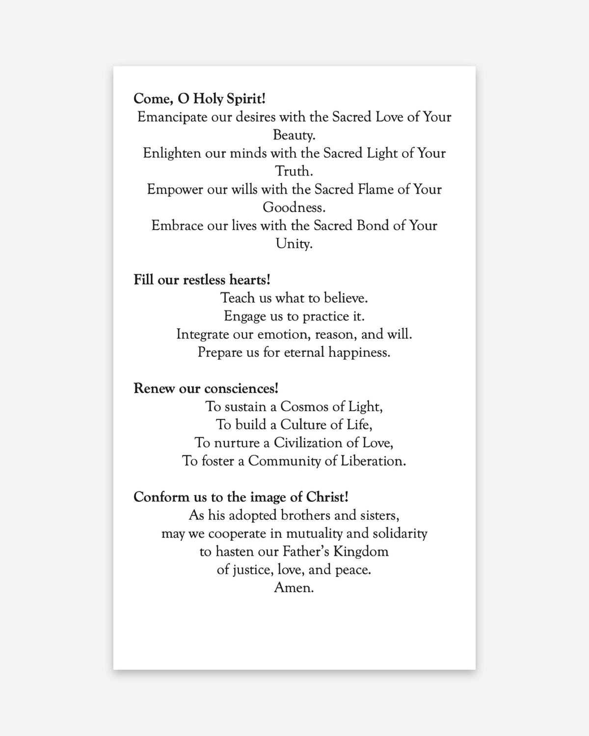 Back of the prayer card: Prayer to the Holy Spirit for the New Moral Life in the New Evangelization for the New Millennium