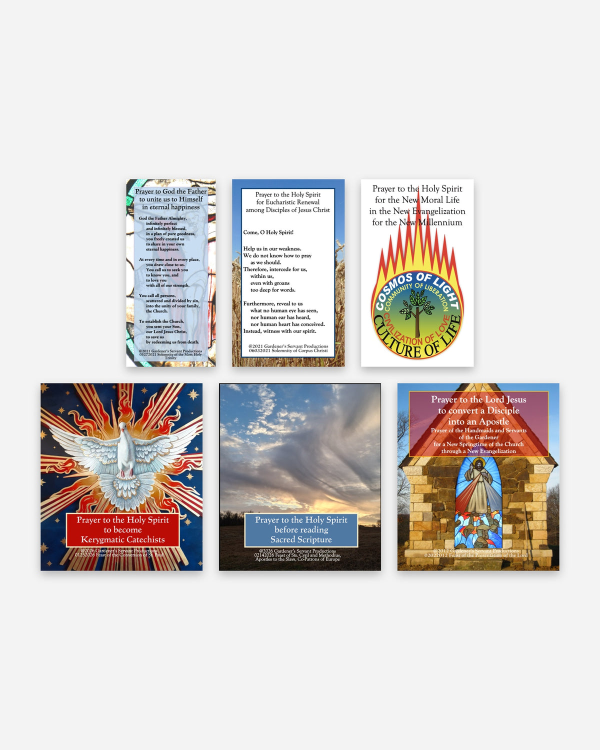 The six prayer cards in the Complete Set, shown together