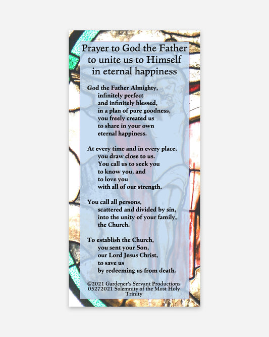 Front of the prayer card: Prayer to God the Father to unite us to Himself in eternal happiness
